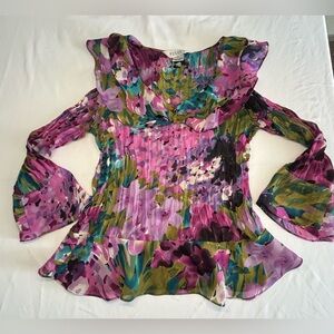 Vintage Allison Taylor Y2K Floral Pleated Blouse Purple Green Teal Size Small
